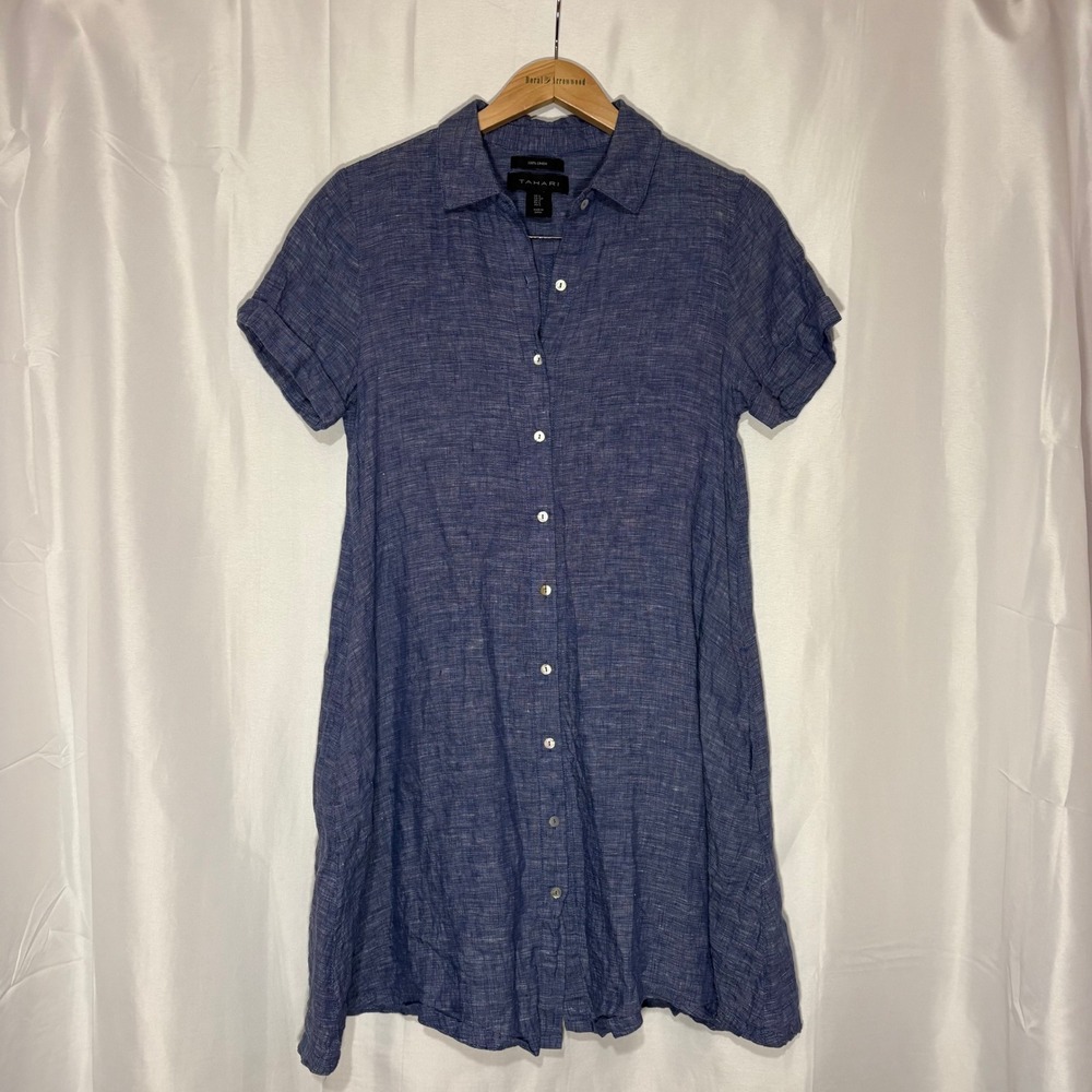 Tahari Women Blue 100% Linen Short Sleeve Button Down Shirt Dress Size S Pockets